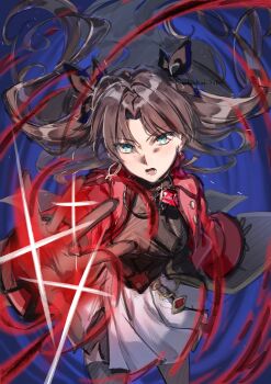 1girl absurdres black_hair blue_eyes breasts fate/stay_night fate/unlimited_blade_works fate_(series) gloves highres honkai:_star_rail honkai_(series) jacket jewelry koukai_sita long_hair looking_at_viewer medium_breasts official_alternate_costume pendant red_jacket rin's_pendant_(fate) solo tohsaka_rin tohsaka_rin_(honkai:_star_rail) twintails