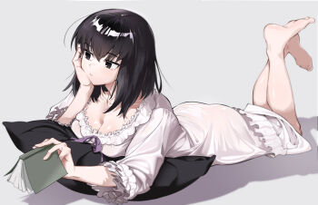 1girl barefoot black_eyes black_hair book breasts cleavage commentary doridor english_commentary frills highres kuonji_alice long_sleeves lying mahou_tsukai_no_yoru medium_breasts nightgown on_stomach pillow short_hair solo white_nightgown