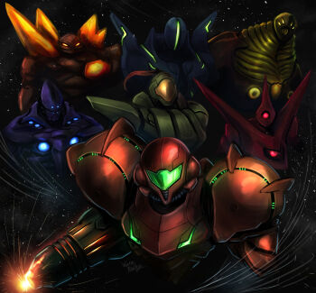 1girl alien arm_cannon armor assault_visor commentary_request full_armor green_visor helmet highres kanden_(metroid) metroid metroid_prime_hunters multicolored_armor nintendo noxus_(metroid) one-eyed orange_eyes power_armor power_suit_(metroid) red_eyes samus_aran spire_(metroid) sylux_(metroid) trace_(metroid) varia_suit wakaba_(wata_ridley) weapon weavel