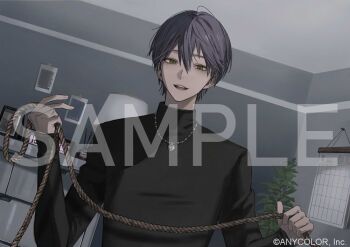 1boy alarm_clock black_shirt calendar_(object) chest_of_drawers clock commentary_request company_name copyright_notice double-parted_bangs dutch_angle empty_eyes green_eyes hair_between_eyes holding holding_rope incense indoors jewelry kenmochi_touya lamp light_blush long_sleeves looking_at_viewer loose_hair_strand male_focus male_yandere necklace nijisanji official_alternate_costume official_art open_mouth out_of_character picture_frame plant purple_hair rope sample_watermark shirt short_hair smile solo st31010 teeth turtleneck upper_body upper_teeth_only virtual_youtuber watermark yandere