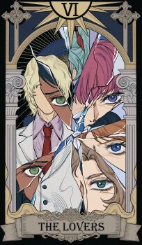 1boy 5girls blue_eyes broken brown_hair card_(medium) char&#039;s_counterattack char_aznable character_request collared_shirt commentary_request dark-skinned_female dark_skin dress_shirt faceless faceless_male green_eyes green_hair gundam gundam_zz haman_karn highres jacket lalah_sune mikazuki121410 mobile_suit_gundam multiple_girls nanai_miguel necktie pillar pink_shirt purple_hair quess_paraya red_necktie shirt suit_jacket tarot tarot_(medium) white_jacket