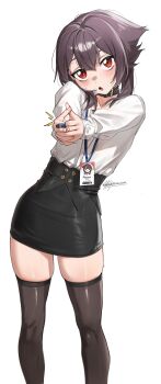 Rule 34 | 1girl, absurdres, aiming, aiming at viewer, alternate costume, artist name, belt collar, black hair, black skirt, character name, collar, commentary, cowboy shot, english commentary, head tilt, highres, holding, holding pen, id card, interlocked fingers, kono subarashii sekai ni shukufuku wo!, lanyard, leaning to the side, long sleeves, looking at viewer, megumin, miniskirt, office lady, own hands clasped, own hands together, paid reward available, parted lips, patreon username, pen, pencil skirt, red eyes, shirt, shirt tucked in, short hair, simple background, skindentation, skirt, solo, sweat, thighhighs, waligner, white background, white shirt, zettai ryouiki