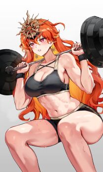 1girl absurdres alternate_costume augusta_(wuthering_waves) barbell bare_shoulders black_shorts black_sports_bra blush breasts cleavage collarbone colored_inner_hair commentary dripping earrings english_commentary exercising feet_out_of_frame fingernails foxyreine gradient_background hair_between_eyes headgear highres jewelry large_breasts long_hair looking_ahead making-of_available multicolored_hair muscular muscular_female navel orange_hair parted_lips red_eyes shorts signature solo sports_bra squatting stomach sun_earrings sweat thighs v-shaped_eyebrows very_long_hair weightlifting wuthering_waves