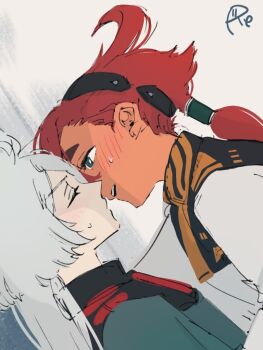 2girls asticassia_school_uniform black_hairband blue_eyes blush closed_eyes commentary green_jacket grey_hair gundam gundam_suisei_no_majo hairband imminent_kiss jacket long_hair miorine_rembran multiple_girls parted_lips ponytail red_hair school_uniform suletta_mercury surfacedxxc sweat thick_eyebrows white_jacket yuri