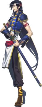 1boy black_hair black_leggings blue_shirt brown_eyes chinese_clothes closed_mouth code_geass code_geass:_genesic_re;code covered_navel crop_top dual_wielding floating_hair full_body gold_trim hair_between_eyes hair_ornament highres holding kunai leggings li_xingke long_hair looking_to_the_side male_focus official_art raglan_sleeves serious sheath sheathed shirt short_sleeves sidelocks simple_background smile solo string sword transparent_background tunic very_long_hair weapon