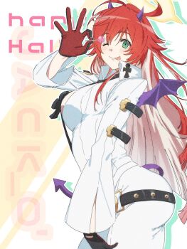 1girl ankh ankh_necklace ankh_print arm_at_side ass bell-bottoms belt black_gloves bodysuit breasts candy colored_inner_hair fake_horns fake_tail fake_wings fingernail_gloves food front_slit gloves green_eyes guilty_gear guilty_gear_strive hair_between_eyes halo hand_up happy_halloween highres holding holding_candy holding_food holding_lollipop horns jack-o&#039;_valentine lollipop long_hair multicolored_hair ok_sign one_eye_closed pants red_eyes red_hair smile solo spiked_halo studded_belt tail tongue tongue_out too_many too_many_belts two-tone_gloves very_long_hair white_bodysuit white_hair wings zarakionn9021