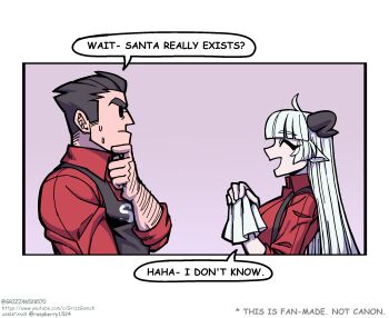 Rule 34 | 1boy, 1girl, ahoge, animal ears, apron, artist name, baphomet (grizz), black apron, black hair, black horns, blunt bangs, breasts, closed eyes, collared shirt, comic, demon horns, english text, from side, goat ears, grizz, helltaker, helltaker (character), highres, horns, korean commentary, large breasts, long sleeves, open mouth, pale skin, red shirt, segmented comic, shirt, short hair, smile, speech bubble, sunglasses, sweat, watermark, web address, white background, white hair