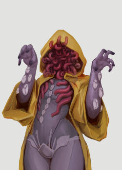 1girl absurdres arms_up colored_skin commentary_request cthulhu_mythos eldritch_abomination extra_pussies faceless flat_chest genderswap genderswap_(mtf) grey_skin groin hastur highres hood hood_up hoodie looking_at_viewer monster_girl multicolored_skin naiad5 no_panties no_pants original purple_skin red_skin simple_background solo stomach suction_cups tentacle_girl tentacles topless_female white_background yellow_hoodie