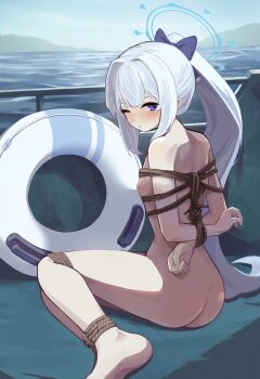 1girl absurdres arms_behind_back ass back bare_shoulders barefoot bdsm blue_archive blue_bow blue_eyes blue_halo blue_sky blush boat bondage bound bow breasts closed_mouth commentary_request completely_nude day from_behind frown full_body hair_between_eyes hair_bow hair_intakes halo highres long_hair miyako_(blue_archive) miyako_(swimsuit)_(blue_archive) nipples nude ocean official_alternate_hairstyle on_boat one_eye_closed outdoors ponytail shibari shiu_kyu sideboob sidelocks sitting sky small_breasts solo straight_hair sweatdrop swim_ring thighs variant_set very_long_hair watercraft white_hair yokozuwari