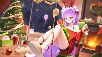 1girl absurdres ahoge animal_ear_fluff animal_ears balloon blue_eyes blunt_bangs blush bow box chair christmas christmas_ornaments christmas_stocking christmas_tree christmas_wreath commentary_request fake_antlers fang fire fireplace fox_ears fox_tail fur-trimmed_sweater fur_trim gift gift_box hair_bow heterochromia highres holding holding_gift korean_commentary long_hair looking_at_viewer off_shoulder on_chair orange_eyes purple_hair red_bow red_ribbon ribbon sitting skin_fang slippers socks solo stellive sweater table tail tenko_shibuki thighs tiokun7 virtual_youtuber white_socks window wreath