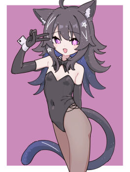 Rule 34 | 1girl, ahoge, animal ear fluff, animal ears, arm behind back, bare shoulders, black gloves, black hair, black leotard, blush, bow, bowtie, brown pantyhose, cat ears, cat girl, cat tail, character request, commentary, commission, copyright request, covered navel, detached collar, dot nose, elbow gloves, flat chest, gloves, leotard, long hair, lyrinne, open mouth, pantyhose, smile, solo, standing, tail, v