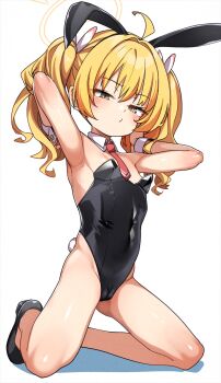 1girl ahoge animal_ears armpits blonde_hair blue_archive blush breasts fake_animal_ears female_focus halo highres kneeling konnyaku_(kk-monmon) leotard loli looking_at_viewer playboy_bunny rabbit_ears shoes simple_background small_breasts solo thighs twintails white_background yoshimi_(blue_archive)
