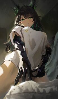 1girl absurdres arknights black_hair bottomless green_eyes green_hair highres long_hair looking_at_viewer mon3tr_(arknights) multicolored_hair shikyou_yoru shirt solo thighs two-tone_hair white_shirt