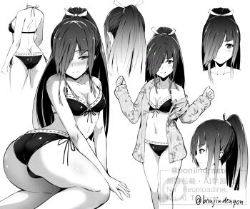 1girl all_fours alternate_costume alternate_hairstyle ass bikini bondo_(borndragon) breasts cleavage commentary_request front-tie_bikini_top front-tie_top greyscale hair_over_one_eye hayashimo_(kancolle) jacket kantai_collection medium_breasts monochrome ponytail side-tie_bikini_bottom solo standing swimsuit twitter_username w_arms watermark