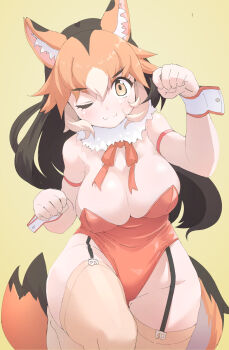 1girl absurdres animal_ears black_hair breasts brown_background brown_eyes brown_hair cleavage commentary_request culpeo_(kemono_friends) extra_ears fox_ears fox_girl fox_tail garter_straps highres kemono_friends large_breasts long_hair looking_at_viewer lowlandgorilla neck_ribbon one_eye_closed playboy_bunny ribbon scarf simple_background solo tail thighhighs wrist_cuffs