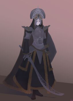 1boy :3 absurdres armor cape centipede_tattoo chainmail concept_art green_eyes highres holding holding_sword holding_weapon knight long_skirt miczal original self-upload shield simple_background skirt standing sword tattoo weapon white_hair