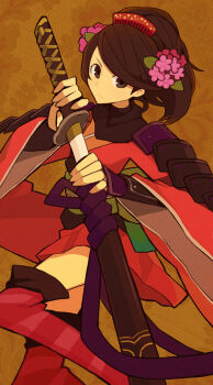 1girl armor boots brown_background brown_eyes brown_hair closed_mouth comb drawing_sword flower gauntlets hair_flower hair_ornament holding holding_sword holding_weapon japanese_armor japanese_clothes katana kimono momohime oboro_muramasa ponytail red_boots red_kimono shoulder_armor sode solo sword weapon yow