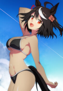 1girl ahoge animal_ears bikini black_bikini black_hair blue_sky breasts cloud contrail highres horse_ears horse_girl horse_tail kitasan_black_(umamusume) kouhaku_nawa medium_breasts multicolored_hair munmunmu open_mouth red_eyes rope shimenawa sky smile solo streaked_hair swimsuit tail umamusume