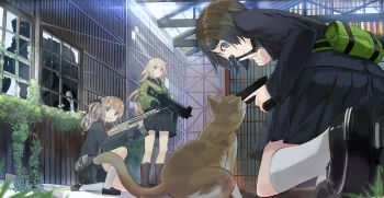 3girls assault_rifle black_footwear blazer blurry boots brown_footwear brown_hair cat clenched_teeth closed_mouth coat day depth_of_field finger_to_mouth fn_scar golem grey_eyes gun h&amp;k_ump handgun heckler_&amp;_koch hiding holding holding_weapon index_finger_raised indoors jacket knee_boots kneehighs kneeling loafers long_hair looking_at_another multiple_girls nekomegane on_one_knee open_clothes open_jacket open_mouth original overgrown parted_lips pistol pleated_skirt purple_eyes rifle school_uniform shoes short_hair shushing side_ponytail skirt socks standing submachine_gun sweatdrop teeth trigger_discipline warehouse wavy_hair weapon white_legwear window