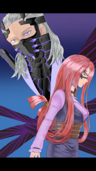 1boy 1girl armor arms_at_sides artist_request black_armor black_choker blouse blue_eyes boku_no_hero_academia breasts buttons choker collared_shirt corset curvy domino_mask eye_mask eyelashes facing_to_the_side frown grey_hair hair_ornament hair_over_one_eye highres jewelry large_breasts long_hair long_sleeves looking_at_viewer looking_to_the_side mask mouth_mask necklace nine_(boku_no_hero_academia) no_gloves pearl_necklace prehensile_hair profile purple_eyes purple_shirt red_hair serious shirt sidelocks slice_(boku_no_hero_academia) standing upper_body very_long_hair