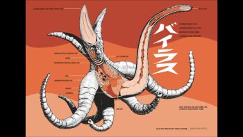 alien anatomy arrow_films arrow_video beak biology brain cecum chart cross-section daiei_motion_picture derivative_work diagram english_text extra_hearts gamera_(series) gamera_vs._viras giant giant_monster gills heart highres japanese_text jolyon_yates kaiju mixed-language_text monster multiple_hearts octopus official_art orange_background organs science science_fiction sea_monster simple_background space_monster squid stomach tentacles viras x-ray