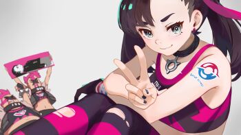 1boy 2girls arm_tattoo asymmetrical_bangs black_choker black_hair black_nails choker closed_mouth dynamax_band earrings eccomicco fat fat_man gloves green_eyes hair_ribbon highres holding holding_towel jewelry looking_at_viewer marnie_(pokemon) midriff mohawk multiple_girls navel nintendo pants pink_hair pokemon pokemon_swsh ribbon single_glove sitting smile solo_focus sports_bra stud_earrings tattoo team_yell_grunt torn_clothes torn_pants towel twintails undercut v wavy_mouth