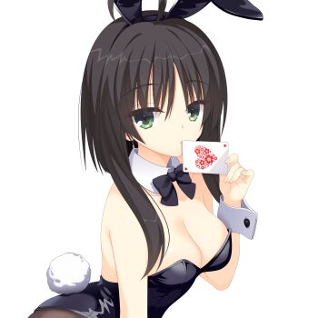 1girl absurdres ace_(playing_card) ace_of_hearts ahoge alternate_costume animal_ear_hairband animal_ears bare_shoulders black_bow black_bowtie black_hair black_hairband black_leotard bow bowtie breasts card cleavage closed_mouth collarbone commentary_request cowboy_shot detached_collar eyes_visible_through_hair fake_animal_ears fake_tail green_eyes hair_between_eyes hairband hand_up heart heart_print highres hitachi_mako holding holding_card kaon_zz large_breasts leotard looking_at_viewer making-of_available paid_reward_available playboy_bunny playing_card rabbit_ear_hairband rabbit_ears rabbit_tail senren_banka short_hair_with_long_locks simple_background solo straight_hair strapless strapless_leotard tail white_background white_wrist_cuffs wrist_cuffs