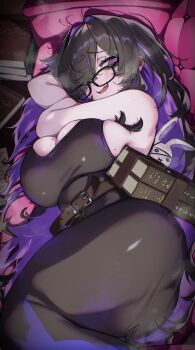 1girl ass bare_shoulders belt black_dress black_hair blush book breasts cleavage colored_inner_hair commentary_request dress glasses goddess_of_victory:_nikke highres hizake_mozu label_(nikke) large_breasts long_hair looking_at_viewer lying multicolored_hair on_side open_mouth purple_eyes purple_hair smile solo