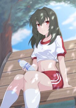 Rule 34 | 1girl, bench, bottle, breasts, closed mouth, commentary request, commission, day, feet out of frame, grey hair, gym uniform, hair intakes, highres, holding, holding bottle, juujou kagari, looking at viewer, maruta (denmasked), medium breasts, medium hair, navel, on bench, outdoors, red eyes, red shorts, shirt, short sleeves, shorts, sitting, skeb commission, smile, socks, solo, stomach, tied shirt, toji no miko, tree, water bottle, white shirt, white socks