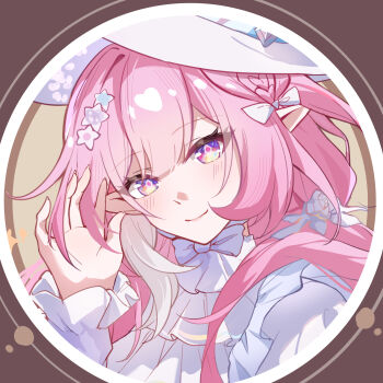 1girl absurdres brown_background commentary_request cyrene_(honkai:_star_rail) cyrene_(ripples_of_past_reverie)_(honkai:_star_rail) diamond-shaped_pupils diamond_(shape) dress hat highres honkai:_star_rail honkai_(series) long_hair looking_at_viewer lubeludlk multicolored_hair official_alternate_costume pink_hair pointy_ears purple_eyes solo symbol-shaped_pupils two-tone_hair very_long_hair white_dress white_hair white_hat