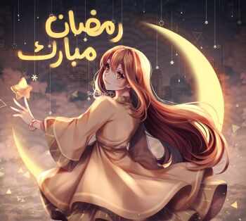 1girl arabic_text arm_at_side artist_name blush bracelet brown_dress brown_eyes brown_hair city closed_mouth commentary cowboy_shot crescent_moon double-parted_bangs dress english_commentary fingernails from_behind gold_bracelet hair_between_eyes highres jewelry long_hair long_sleeves looking_at_viewer looking_back moon original ramadan sasucchi95 sidelighting sidelocks simple_background smile solo star_(symbol) triangle wide_sleeves