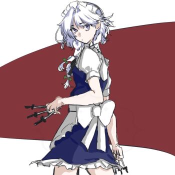 Rule 34 | 1girl, apron, arm at side, between fingers, black bow, blue eyes, bow, braid, closed mouth, cowboy shot, expressionless, frilled skirt, frills, from side, green bow, grey hair, hair bow, holding, holding knife, izayoi sakuya, knife, knives between fingers, long hair, looking at viewer, maid, maid apron, maid headdress, puffy short sleeves, puffy sleeves, ribbon, short sleeves, skirt, solo, standing, throwing knife, touhou, twin braids, two-tone background, waist apron, weapon, white bow