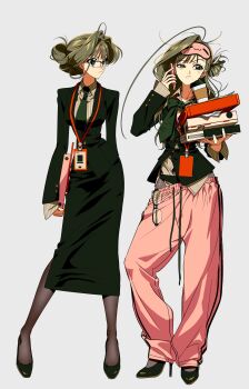 Rule 34 | 1girl, :3, absurdres, black-framed eyewear, blazer, book, book stack, cellphone, character request, closed mouth, collarbone, collared shirt, copyright request, cup, disposable coffee cup, disposable cup, fingernails, frown, full body, glasses, green necktie, green panties, green shoes, green skirt, hair intakes, half-closed eye, high heels, highres, holding, id card, jacket, lanyard, long hair, long skirt, long sleeves, looking to the side, messy hair, mole, mole under mouth, multiple views, necktie, panties, pants, pantyhose, pen in hair, phone, pink pants, shirt, shoes, side slit, simple background, skirt, sleep mask, smartphone, solo, striped clothes, striped pants, striped shirt, sweatpants, talking on phone, underwear, unworn eyewear, updo, vertical-striped clothes, vertical-striped pants, white background, yang gallae