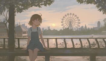 1girl absurdres arms_at_sides brown_hair city closed_mouth cloud commentary_request double-parted_bangs evening expressionless feet_out_of_frame ferris_wheel grey_shirt highres hyxifeng looking_to_the_side original outdoors overall_skirt river scenery shirt short_hair sitting sky solo sun sunset t-shirt tree turning_head