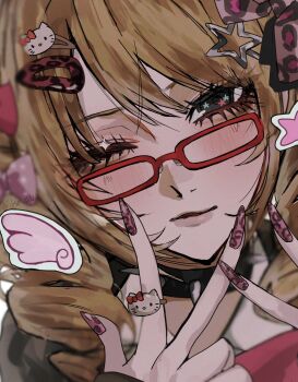 Rule 34 | animal print, black choker, black eyes, blonde hair, blurry, blush, bow, choker, colored eyelashes, commentary, depth of field, doodle inset, double-parted bangs, double v, drill hair, eyelashes, eyes visible through hair, glasses, gyaru, hair between eyes, hair bow, hair ornament, hello kitty, hello kitty hair ornament, hello kitty print, highres, jewelry, leopard print, lips, nail polish, one eye closed, original, pink nails, portrait, ring, sanrio, spiked choker, spikes, star (symbol), star hair ornament, star in eye, star sticker, sticker, symbol in eye, tongue, tongue out, twin drills, untranslatable commentary, v, wing sticker, wings, yosei bin