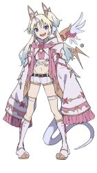 Rule 34 | 1girl, :d, alternate costume, bad id, bad twitter id, blonde hair, boots, commentary, crop top, dragon girl, dragon horns, dragon tail, dragon wings, fang, fantasy, frilled sleeves, frills, highres, horns, jacket, kemonomimi mode, knee boots, link! like! love live!, long hair, long sleeves, looking at viewer, love live!, midriff, navel, open clothes, open jacket, open mouth, osawa rurino, parted bangs, popupi 12, purple eyes, short shorts, shorts, sidelocks, simple background, single horn, sleeves past fingers, sleeves past wrists, smile, solo, standing, tachi-e, tail, tank top, thighhighs, twintails, virtual youtuber, white background, white footwear, white jacket, white shorts, white tank top, white thighhighs, wide sleeves, wings