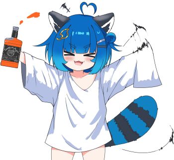&gt;_&lt; 1girl :3 ahoge alcohol blue_hair blush bottle chromashift closed_eyes collarbone commentary cowboy_shot english_commentary english_text fang flailing hair_bun hair_ornament hairclip heart heart_ahoge highres holding holding_bottle leaf_hair_ornament long_sleeves motion_blur open_mouth oversized_clothes poko_rakun raccoon_girl shikiga shirt short_hair single_side_bun single_sleeve_past_fingers smile solo tail tail_wagging virtual_youtuber white_background white_shirt