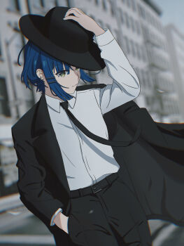 Rule 34 | 1girl, absurdres, adjusting clothes, adjusting headwear, arm out of sleeve, arm up, belt, belt buckle, black belt, black hat, black jacket, black necktie, black pants, blue hair, bocchi the rock!, buckle, chinese commentary, closed mouth, collared shirt, commentary request, cowboy shot, day, dutch angle, earrings, expressionless, formal clothes, green eyes, grey theme, hair ornament, hairclip, hand in pocket, hat, highres, jacket, jewelry, long sleeves, looking at viewer, mole, mole under eye, necktie, outdoors, pants, parallel hairclips, porkpie hat, shirt, short hair, solo, standing, stud earrings, suit, suit jacket, white shirt, wing collar, yamada ryo, yuyuu