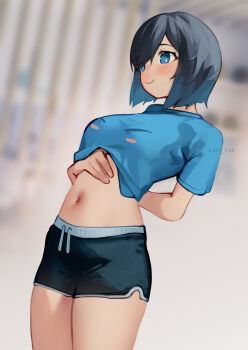 1girl arms_behind_back black_hair black_shorts blue_eyes blue_hair blue_shirt blurry blurry_background blush breasts closed_mouth clothes_lift cowboy_shot dolphin_shorts gradient_hair highres indoors kani_fish medium_breasts midriff multicolored_hair navel original shirt shirt_lift short_hair short_shorts short_sleeves shorts smile solo standing t-shirt