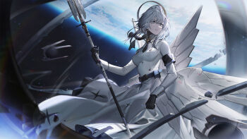 Rule 34 | 1girl, absurdres, armband, armor, armored dress, belt, belt pouch, black gloves, breasts, dress, faulds, garrison cap, gloves, grey eyes, hat, highres, holding, holding staff, liv: empyrea (pgr), liv (pgr), long sleeves, looking away, looking to the side, medium breasts, parted lips, plant, pouch, punishing: gray raven, silver hair, solo, space, staff, star (sky), white dress, white hat, xtears kitsune