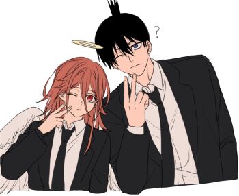 Rule 34 | 2boys, ?, androgynous, angel devil (chainsaw man), angel wings, black hair, black jacket, black necktie, blue eyes, brown hair, chainsaw man, collared shirt, commentary request, cropped torso, hair between eyes, halo, hayakawa aki, jacket, korean commentary, long hair, looking at viewer, male focus, medium hair, multiple boys, necktie, one eye closed, ponytail, red eyes, rotomem, shirt, short ponytail, suit jacket, v, white background, white shirt, wings