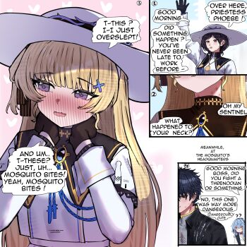 1boy 2na_(blue2na) 3girls ? ?? absurdres arm_up black_collar black_gloves black_hair black_jacket blonde_hair blush buling_(wuthering_waves) claw_mark collar commentary english_commentary english_text full-face_blush gloves grey_shirt hair_ornament hands_on_own_neck hat heart hickey highres jacket long_hair long_sleeves male_rover_(wuthering_waves) multiple_girls phoebe_(wuthering_waves) purple_eyes rover_(wuthering_waves) shirt waving white_hat white_shirt wuthering_waves x_hair_ornament