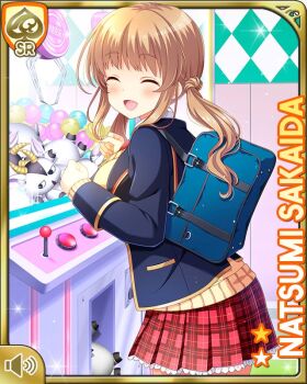 1girl :d arcade blazer blue_jacket breasts brown_hair card_(medium) closed_eyes crane_game day female_focus girlfriend_(kari) indoors jacket large_breasts leaning_forward long_hair official_art open_mouth plaid_clothes plaid_skirt qp:flapper red_eyes red_skirt sakaida_natsumi school school_uniform shirt shoes skirt smile socks solo standing tagme white_shirt