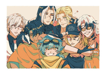 Rule 34 | 6+boys, absurdres, animal, animal on shoulder, arm on another's shoulder, badger, baseball cap, blush, che (path to nowhere), commentary request, cross scar, demon (path to nowhere), donald (path to nowhere), eyepatch, facial hair, fang, fingerless gloves, gloves, goggles, goggles on head, hair between eyes, hair bun, hat, hat ribbon, heart, highres, kawa-kawa (path to nowhere), levy (path to nowhere), medical eyepatch, middle ring, mr. fox (path to nowhere), multicolored hair, multiple boys, necktie, one eye closed, partially fingerless gloves, path to nowhere, pippy (path to nowhere), ribbon, round eyewear, scar, scar on face, scar on lip, scar on mouth, semi-rimless eyewear, shizuku kaworu, short hair, star (symbol), stubble, toothpick, two-tone hair, v, wolverine (path to nowhere)
