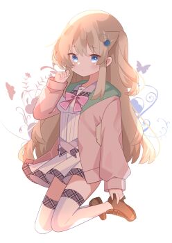 Rule 34 | 1girl, 9-nine-, 9ra4ki33, absurdres, alternate hairstyle, arm at side, belt, blue eyes, blush, bow, bowtie, brown hair, brown shoes, cardigan, clenched hand, closed mouth, commentary, dress, frown, full body, furrowed brow, gear hair ornament, grey belt, hair ornament, hakusen academy school uniform, hand up, highres, kneeling, kujou miyako, loafers, long hair, looking at viewer, one side up, open cardigan, open clothes, pink bow, pink bowtie, pink cardigan, ribbon, school uniform, shoes, short dress, sidelocks, simple background, sleeves past wrists, solo, thighhighs, very long hair, white background, white dress, white ribbon, white thighhighs, wing hair ornament, zettai ryouiki