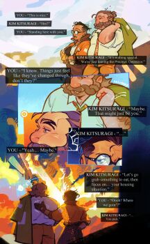 2boys arm_hair black_gloves black_hair blazer bomber_jacket brown_hair collared_shirt commentary disco_elysium english_commentary english_text facial_hair game_screenshot_inset glasses gloves hand_on_another's_back harry_du_bois highres holding holding_jacket holding_unworn_clothes jacket kim_kitsuragi male_focus multiple_boys mustache mutton_chops necktie orange_jacket orange_necktie outdoors patting_back screenshot_inset shirt short_hair source_quote sunset time_woods unworn_blazer unworn_jacket walking white_shirt