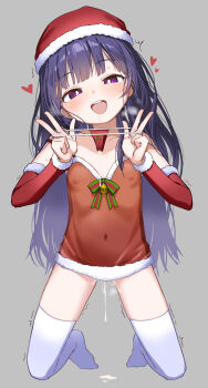 1girl after_vaginal aftersex black_hair blush bottomless breasts christmas convenient_censoring cum cum_on_clothes cum_pool cumdrip detached_sleeves double_v female_focus full_body fur_trim grey_background hat heart highres holding holding_unworn_clothes holding_panties holding_underwear holding_unworn_clothes kneeling legs_apart loli long_hair looking_at_viewer micro_panties navel nipples no_shoes open_mouth original panties purple_eyes red_hat red_shirt red_sleeves santa_hat see-through_clothes shirt simple_background small_breasts smile solo stomach string thighhighs thighs trembling underwear unworn_panties v wet wet_clothes wet_panties white_thighhighs zaxwu