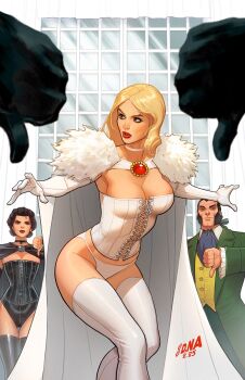 2girls 3boys ascot black_boots black_choker black_corset black_hair black_panties blonde_hair blue_ascot boots cape choker comic_cover corset david_nakayama elbow_gloves emma_frost facial_hair fur_collar gloves green_jacket green_pants highres initial jacket marvel multiple_boys multiple_girls mutton_chops official_art open_clothes open_jacket panties pants textless_version thigh_boots thumbs_down underwear vest white_boots white_cape white_choker white_gloves white_panties x-men yellow_vest
