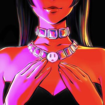 1girl bare_shoulders black_background black_hair breasts choker commentary english_commentary eyes_out_of_frame head_out_of_frame highres ilya_kuvshinov jewelry lips long_hair necklace original solo upper_body
