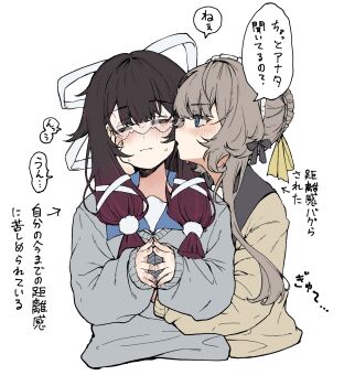 2girls alternate_costume black_bow black_hair blue_eyes blush bow brown_hair brown_sweater closed_eyes columbina_(genshin_impact) commentary cropped_torso genshin_impact grey_sweater hair_bow hair_ribbon hand_on_another's_face highres long_hair long_sleeves looking_at_another multicolored_hair multiple_girls open_mouth own_hands_together pinponpaaru red_hair ribbon sandrone_(genshin_impact) simple_background speech_bubble sweat sweater translation_request two-tone_hair upper_body white_background white_ribbon yuri